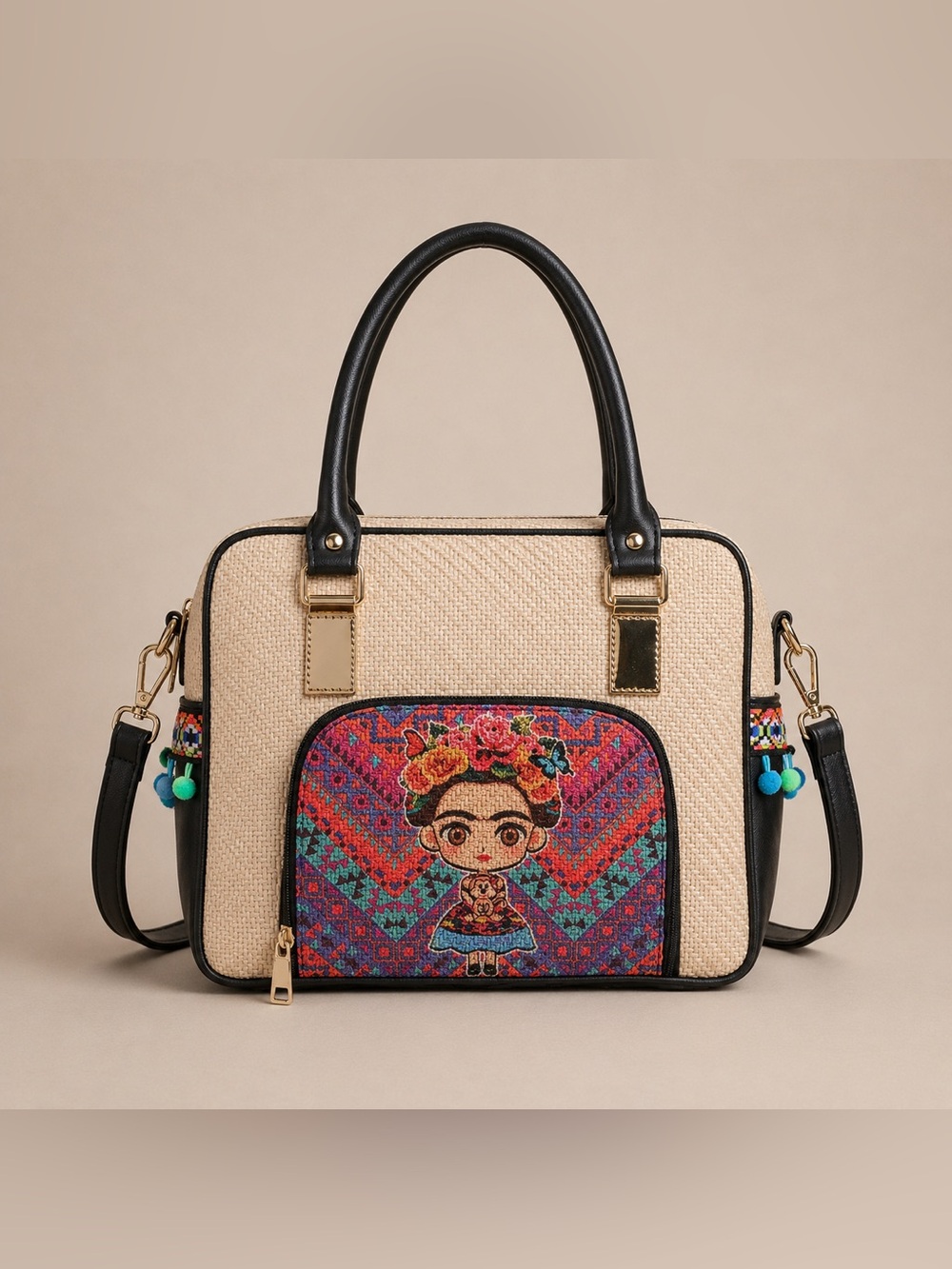 Frida Kahlo Inspired Woven Satchel Crossbody Bag Boho Colorful Purse